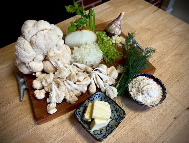 Ingredients for cooking lion's mane mushrooms